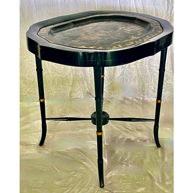 Chinoiserie French Antique Papier Mache Large Serving Tray on Stand, C1880 For Sale - Image 3 of 14