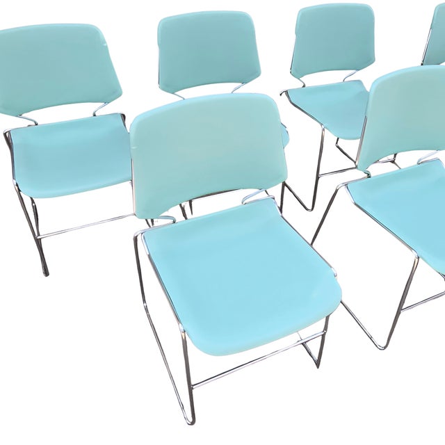 Aqua Mid-Century Chrome Stacking Chairs- Set of Seven For Sale - Image 12 of 17