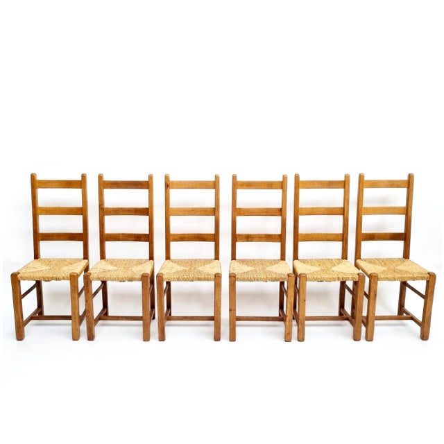 Brown Antique Brutalist Oak Dining Chairs with Rush Seating, Set of 6 For Sale - Image 8 of 12