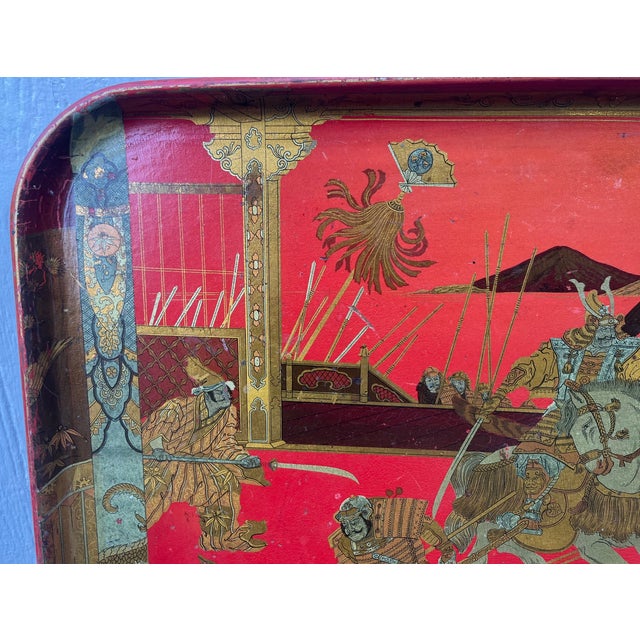 Hand painted French lacquer tray on a particularly vibrant and beautiful red ground. Intricately painted scene with...