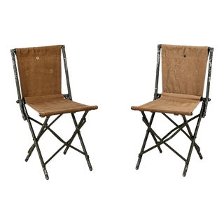 English Army Folding Chairs in Canvas Fabric, 1950s, Set of 2 For Sale