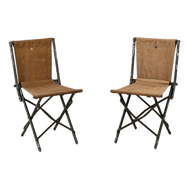 English Army Folding Chairs in Canvas Fabric, 1950s, Set of 2 For Sale