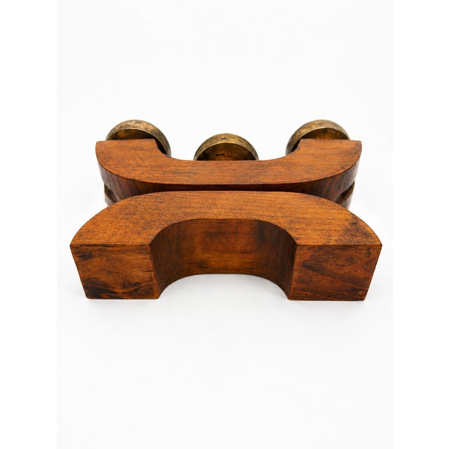 1930s Art Deco European Three Flame Hardwood and Heavy Brass Candlestick, 1930s For Sale - Image 5 of 7