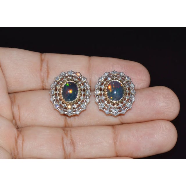 Green Certified Natural 4.41Cts VS F Diamond Black Opal 18K Solid Gold Cocktail Earrings, A Pair For Sale - Image 8 of 10