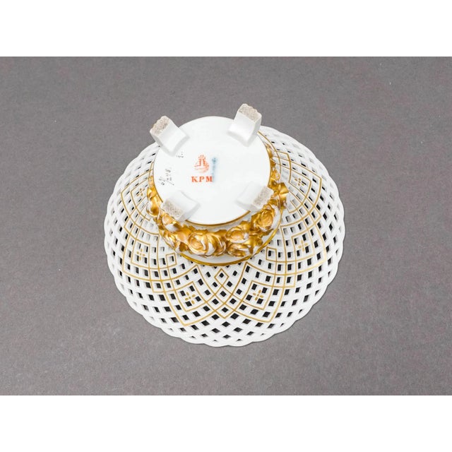 Vintage KPM White Gold Floral Porcelain Reticulated Basket Compote Pedestal Bowl For Sale In Miami - Image 6 of 7