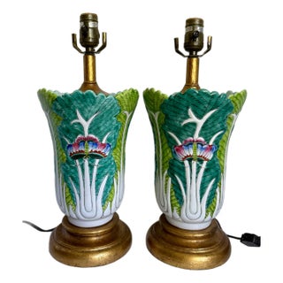 1970s Richard Ray Butterfly & Bok Choy Cabbage Leaf Ceramic Table Lamps - a Pair For Sale