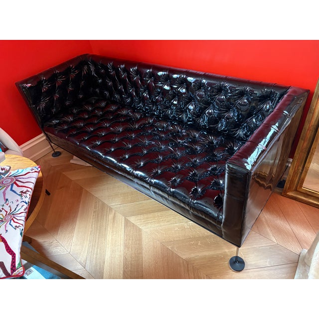 - Custom designed patent leather sofa - Premium Edelman Leather - Chrome legs - Tuxedo Style - Tufted - Original price...