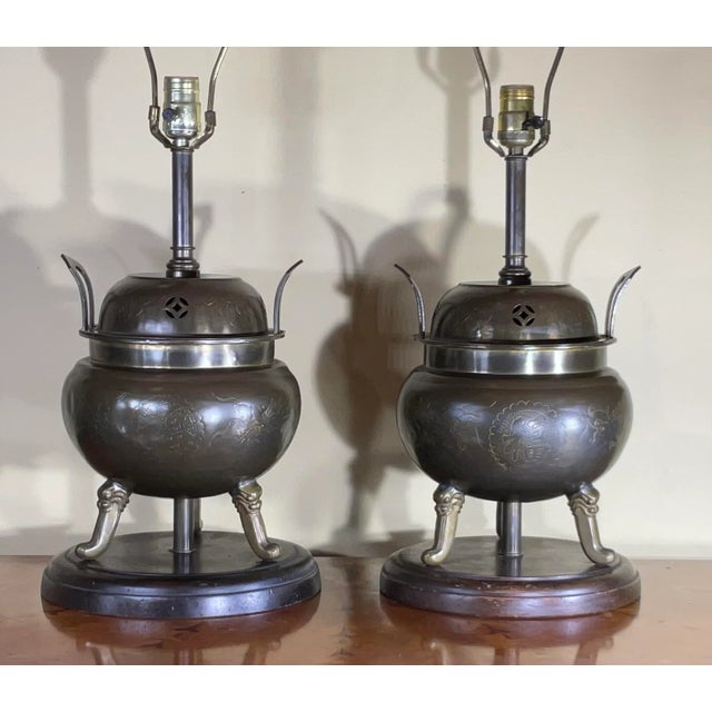 Chinese Pair of Antique Chinese Incence Burner Table Lamp For Sale - Image 3 of 13