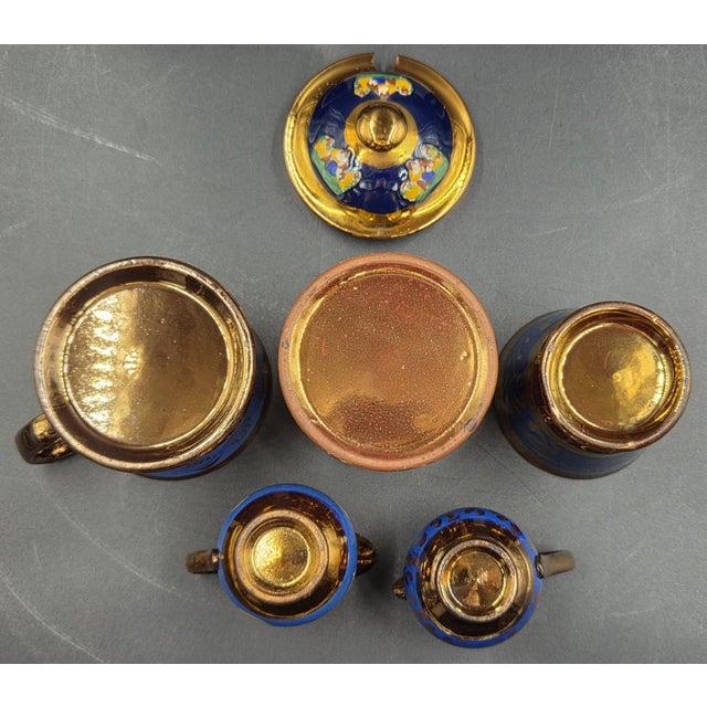 19th Century English Copper Lustreware Cobolt Blue Enamel Bands & Hand-Painterd Motifs 6 Piece Set For Sale - Image 18 of 18