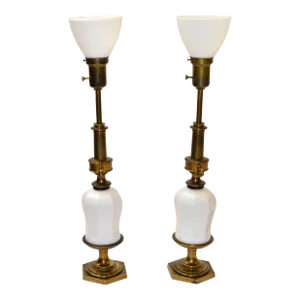 Pair Stiffel Style Brass Porcelain Milk Glass Globe Table Lamps Chinoiserie 1950