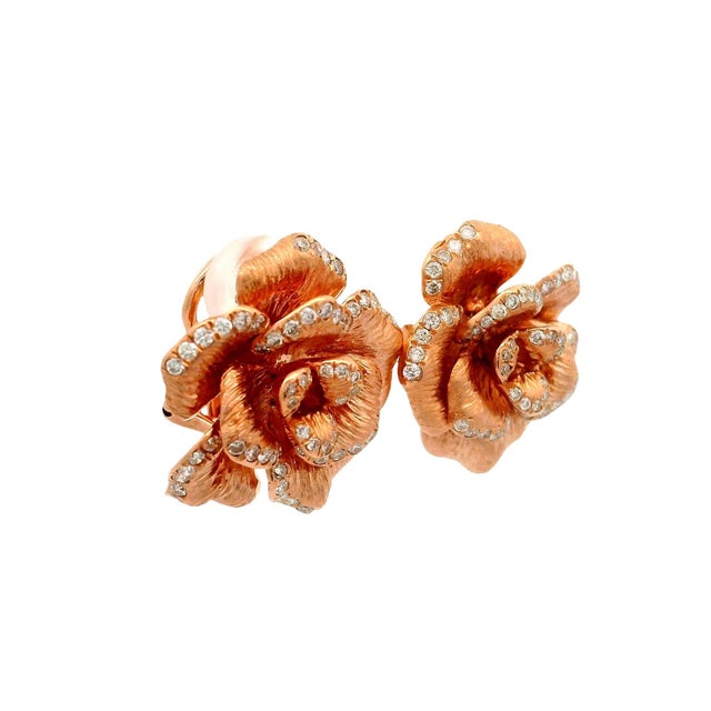 Diamond 18k Rose Gold Rose Motif Earrings, A Pair For Sale - Image 4 of 6