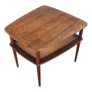 Mid 20th Century Large Peter Hvidt Solid Teak + Cane Side Table For Sale