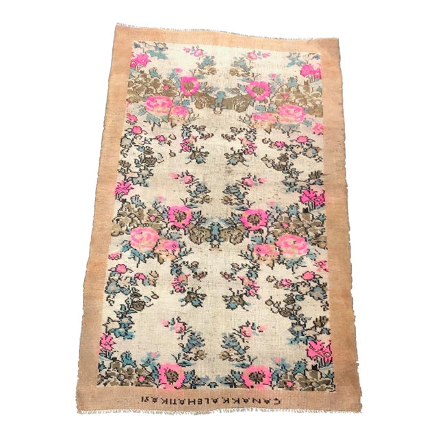 Vintage Floral Design Turkish Handmade Wool Rug For Sale