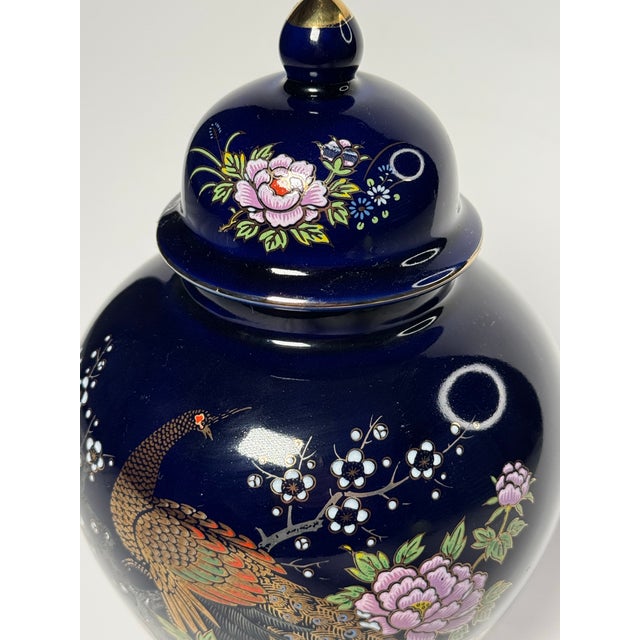 Vintage Japanese Asian Cobalt Blue LIdded Ginger Jar, Cobalt Blue, Lavender, Gold For Sale In Houston - Image 6 of 12