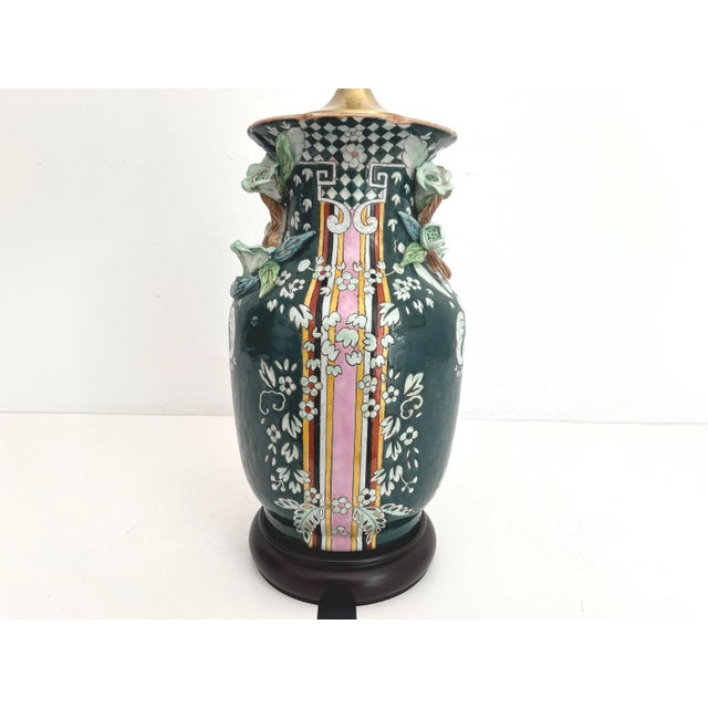 Gorgeous Gucci style glazed ceramic jar lamp by Bradburn Gallery in a deep green glaze with applied flowering branch...