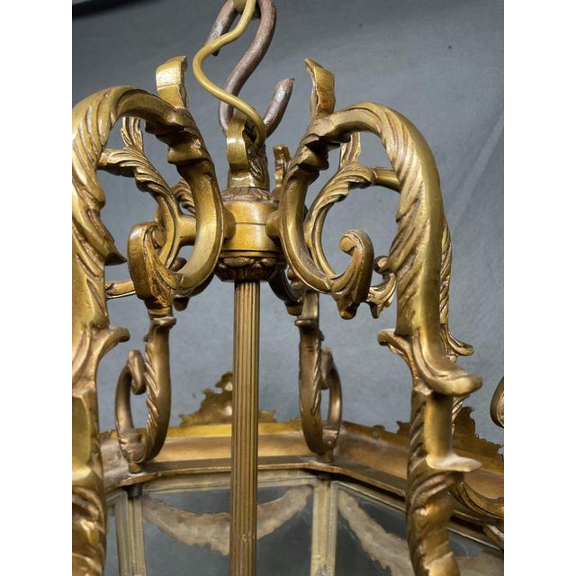 Large French Gilded Bronze Hall Lantern with Beveled Star-Cut Glass For Sale - Image 4 of 6