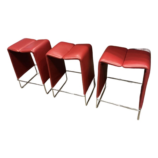 Red Leather Barstools Attributed to B&b Italia For Sale