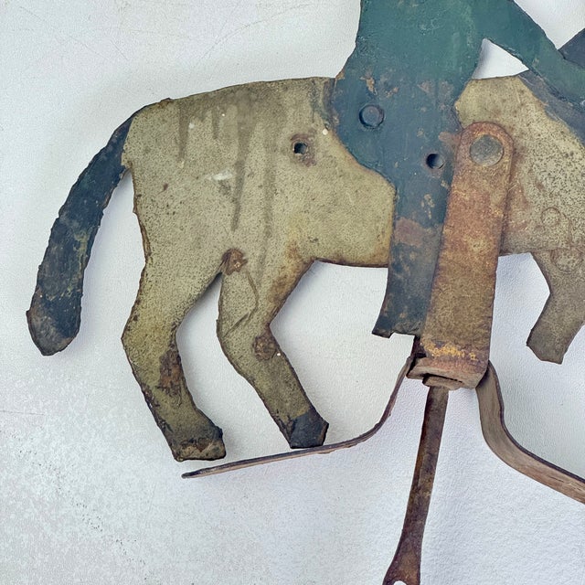 Antique Folk Art Sheet Metal Rider on Horse/Mule Toy/Sculpture, Hand Painted For Sale - Image 11 of 13