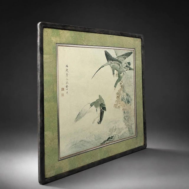 Late 20th Century East Asian Ink Wash Style Bird Painting in Green Silk Mat For Sale In Miami - Image 6 of 6
