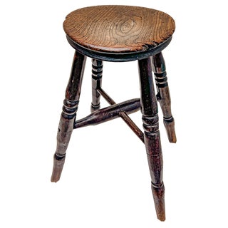 Early Rustic English Victorian Elm Wood Stool, 1900s For Sale