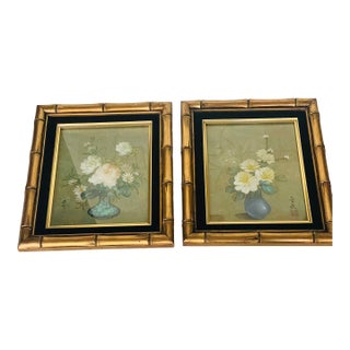 Gorgeous Pair of Chinese Floral Watercolors Signed Framed For Sale