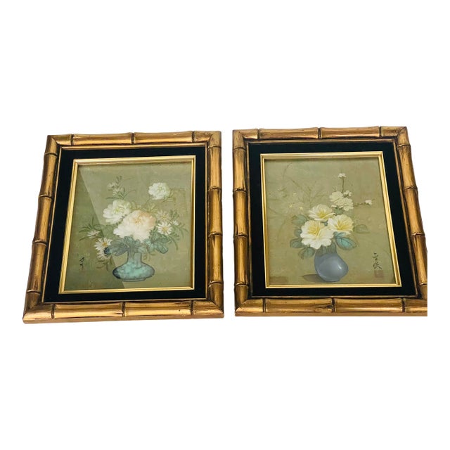Gorgeous Pair of Chinese Floral Watercolors Signed Framed For Sale