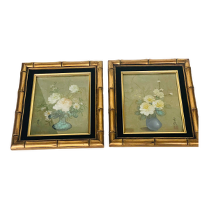 Gorgeous Pair of Chinese Floral Watercolors Signed Framed
