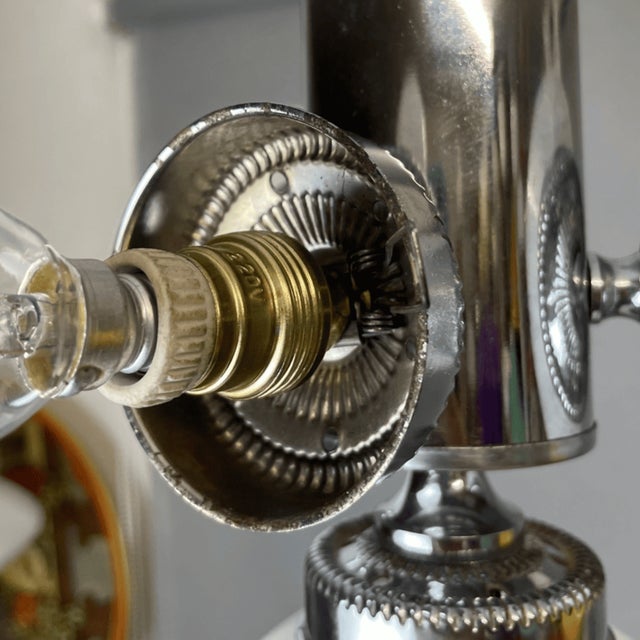 Space Age Chandelier in Chromed Metal with 4 White Opaline Glass Globes, 1970s For Sale - Image 6 of 12