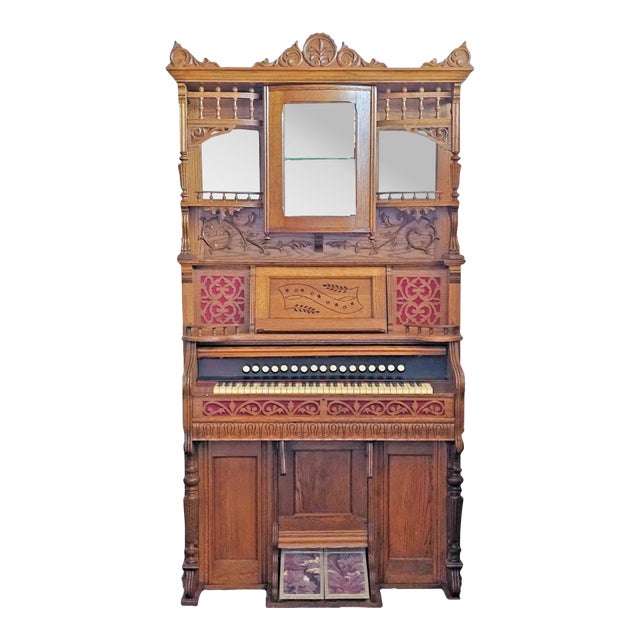 Antique Victorian 1880s Oak Beckwith Pump Organ W/ Bowed Glass Cabinet Stick & Ball For Sale
