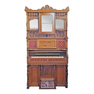 Antique Victorian 1880s Oak Beckwith Pump Organ W/ Bowed Glass Cabinet Stick & Ball