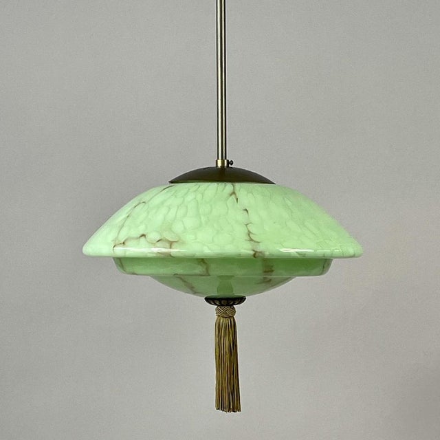 Green Marbled Opaline and Burnished Brass Pendant with Tassel, Germany, 1930s For Sale - Image 12 of 17