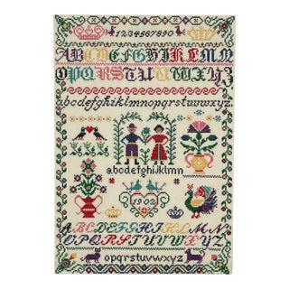 Vintage Hand-Stitched Cross Stitch Alphabet Sampler Needlework Folk Art Textile For Sale