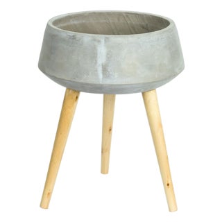 Cement Bowl Planter with Wood Legs 17.5"H For Sale