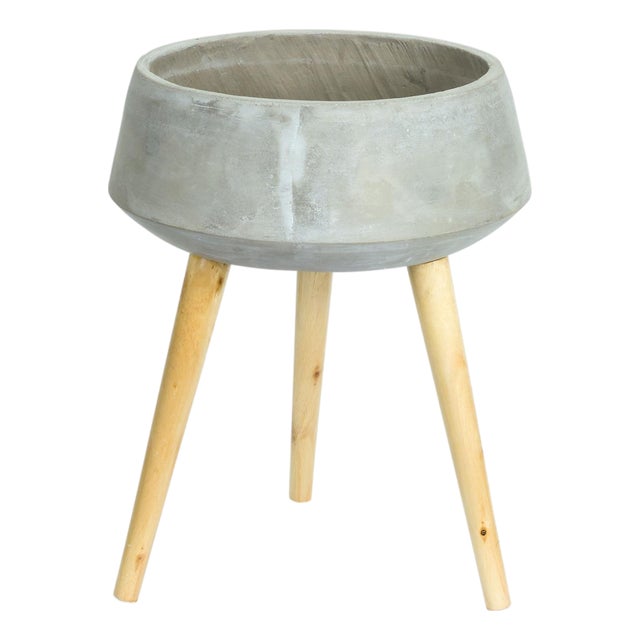Cement Bowl Planter with Wood Legs 17.5"H For Sale