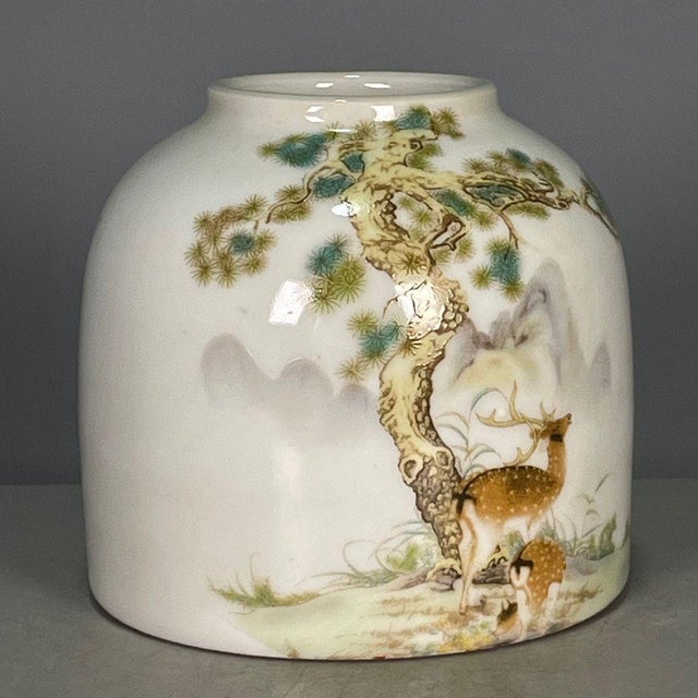 Ceramic Chinese Famille Rose Porcelain Water Pot With Deer & Pine Motif For Sale - Image 7 of 9