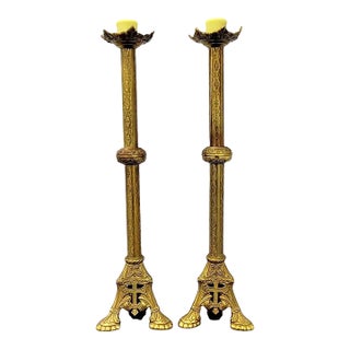 Antique French Gothic Revival Gilt Brass Altar Candlesticks – Pair, 24 Inches For Sale