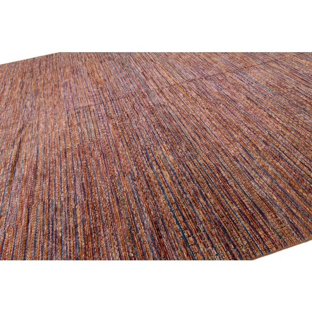 Blue Sunset Ember: Modern Indian Savannah Hand-Knotted Striped Wool Area Rug 13x17 For Sale - Image 8 of 10