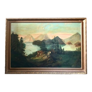 Antique Landscape Painting - Atmospheric Mountains Around a Camp For Sale
