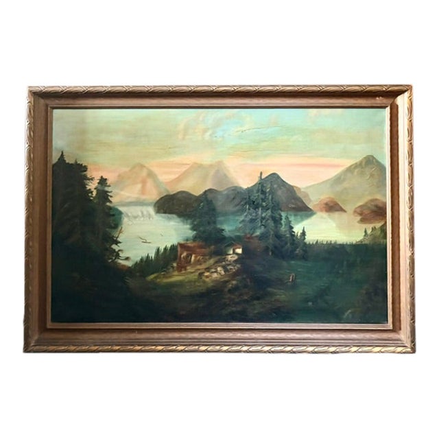 Antique Landscape Painting - Atmospheric Mountains Around a Camp For Sale