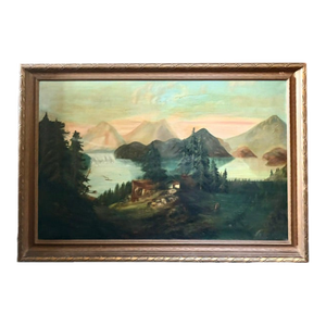 Antique Landscape Painting - Atmospheric Mountains Around a Camp