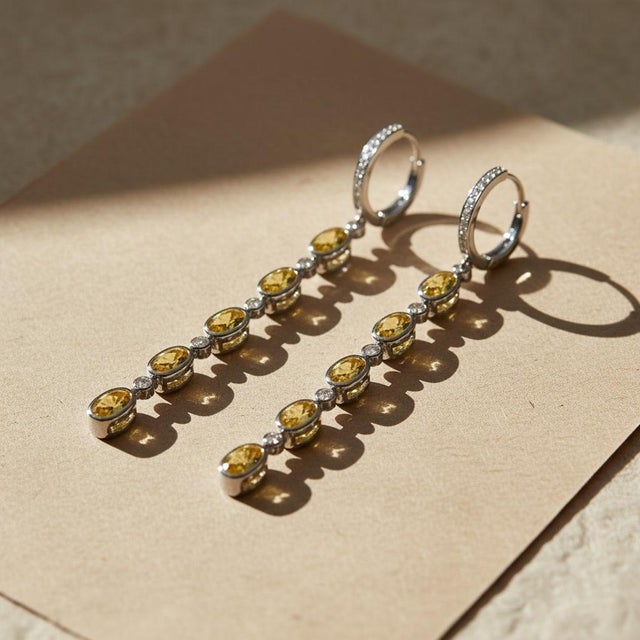 Yellow Citrine Huggie Drop Earrings, Silver, Gold, Pair For Sale - Image 8 of 9