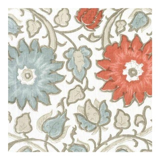Peter Fusano Trw4 / Trotwood / Beacon Hill Orange & Blue Linen Floral Fabric Jacobean Upholstery Fabric - 1 Yard For Sale