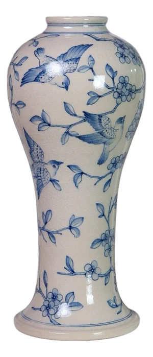 Hand-Painted Tall Vase With Blue Birds & Blossom Motif by Pottery 12, Hanoi Studio Art Ceramic