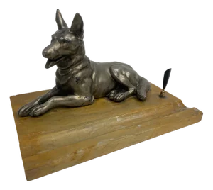 Antique Marble Pen Holder with Sculpture of a Dog, 1920s