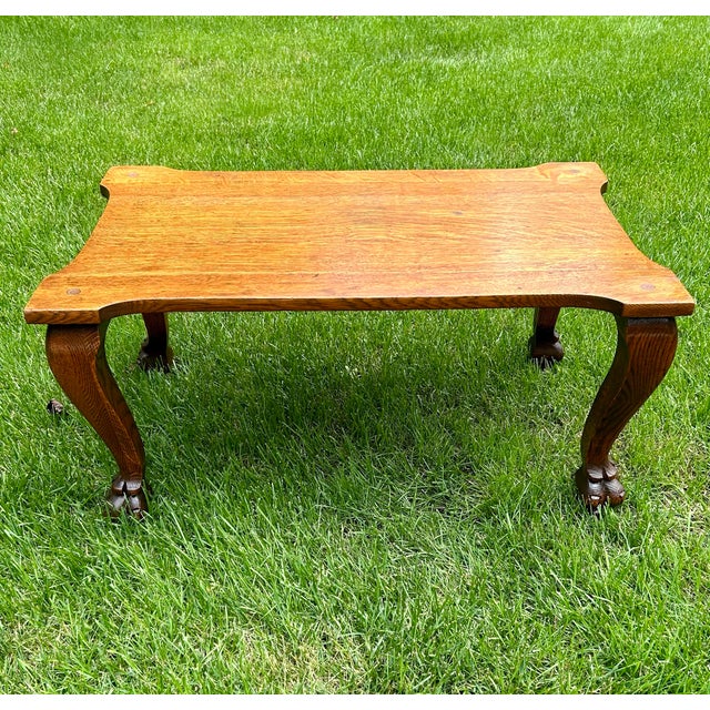 Wood Antique, Tiger Oak, Coffee Table With Cabriole Legs, Eagle’s Talon Feet, and Wooden Casters, 1870’s For Sale - Image 7 of 12