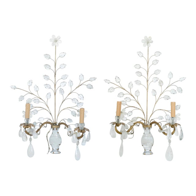 Mid 20th Century Maison Bagues Style Gilt and Rock Crystal Sconces - a Pair For Sale
