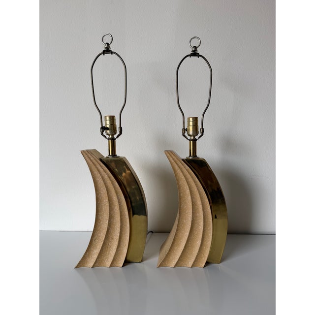 Mid-Century Modern 1980’s Postmodern Art Deco Style Brass Table Lamps – A Pair For Sale - Image 3 of 12