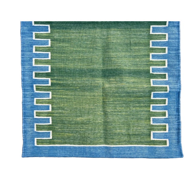 Forest Green Handmade Cotton Forest Green & Blue Zig Zag Striped Runner Rug, Dhurrie Runner -2.5'x8' For Sale - Image 8 of 10