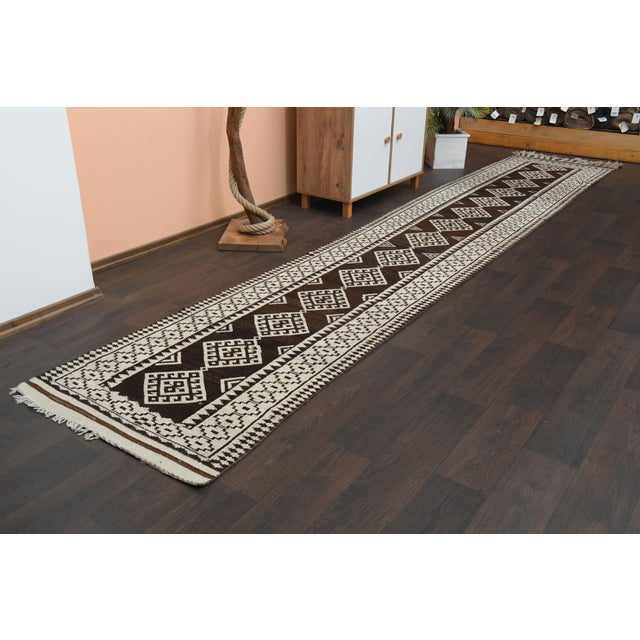 Traditional 1970s Vintage Turkish Handmade Wool & Cotton Brown Runner Rug For Sale - Image 3 of 11