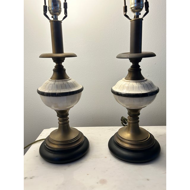 Transitional Currey & Company Table Lamps – Brass With Ivory Mosaic Inlay - a Pair For Sale - Image 3 of 6